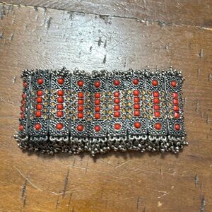 Vintage Dark Charcoal Weighted Metal w/ Red Beads Stretch Expandable Bracelet